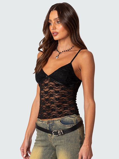 Cami Tops- Floral Lace Spaghetti Strap Top - V-Neck Cami- Black- Pekosa Women Clothing