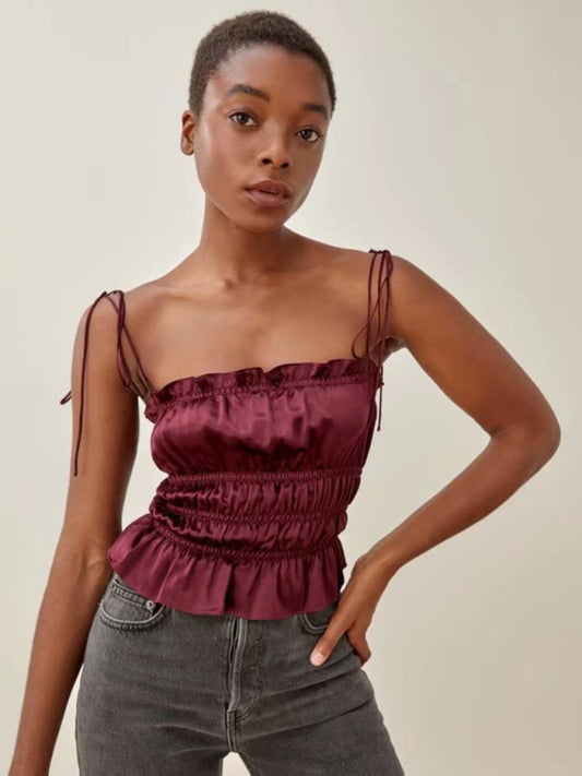 Cami Tops- Glamorous Satin Cami Top with Delicate Gather- Red- Pekosa Women Clothing