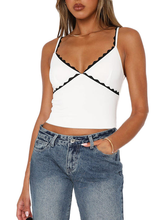 Cami Tops- Solid Contrast Lace-Trimmed Cami Crop Top- White- Pekosa Women Clothing