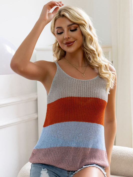 Cami Tops- Summer Knitwear | Colorful Block Cami Top- Blue- Pekosa Women Clothing