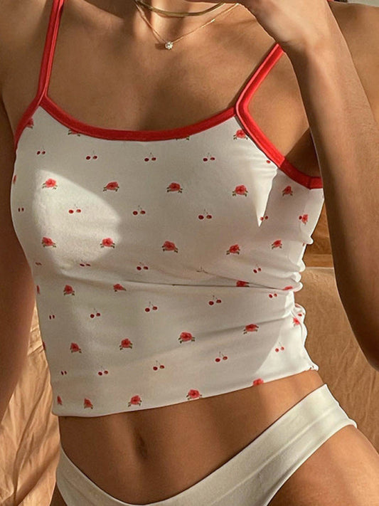 Camis- Cherry Printed Cami Tie-Back Summer Top- White- Pekosa Women Clothing