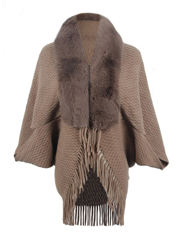 Capelets- Faux-fur Elegance: Knit Poncho Capelet with Fringe- - Pekosa Women Clothing