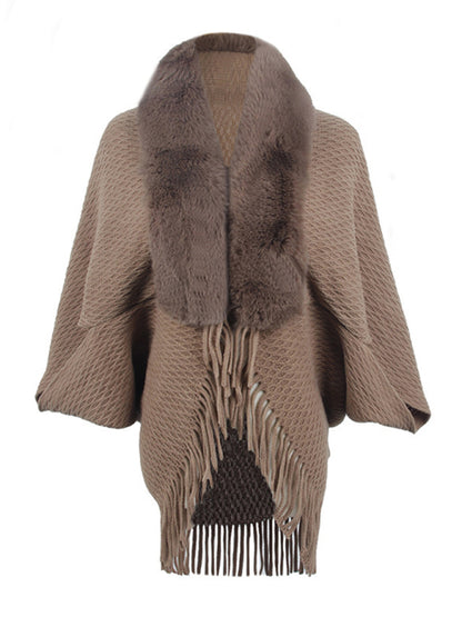 Capelets- Faux-fur Elegance: Knit Poncho Capelet with Fringe- - Pekosa Women Clothing