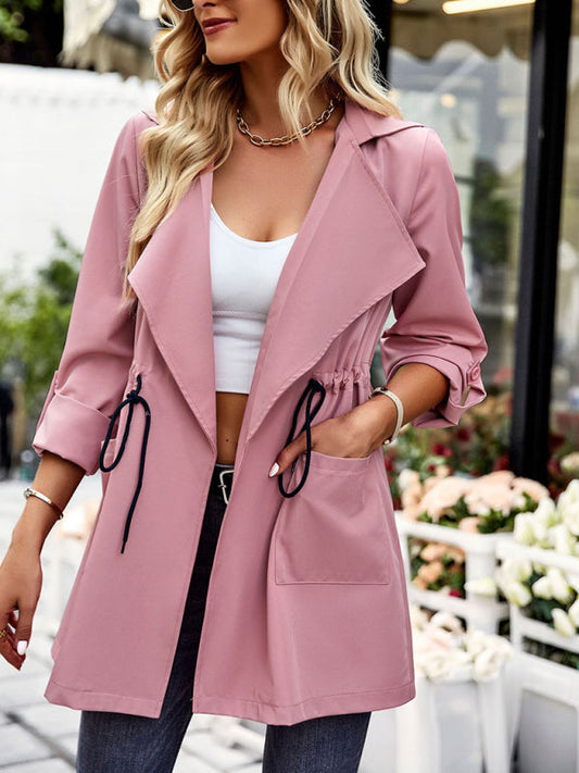 Cardigan Blazers- Fall-Winter Essential Cardigan Roll-Up Sleeve Blazer - Adjustable Coat- Pink- Pekosa Women Clothing