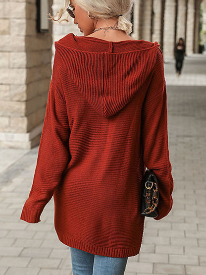 Cardigan Hoodies- Solid Cable Knitted Mid-Length Cardigan Hoodie- - Pekosa Women Clothing