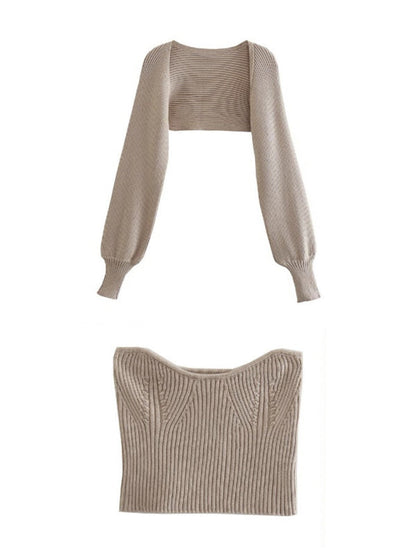 Cardigan + Top- Women's Ribbed Knitted Bolero Cardigan Sweater - Two-Piece Set- Khaki- Pekosa Women Clothing