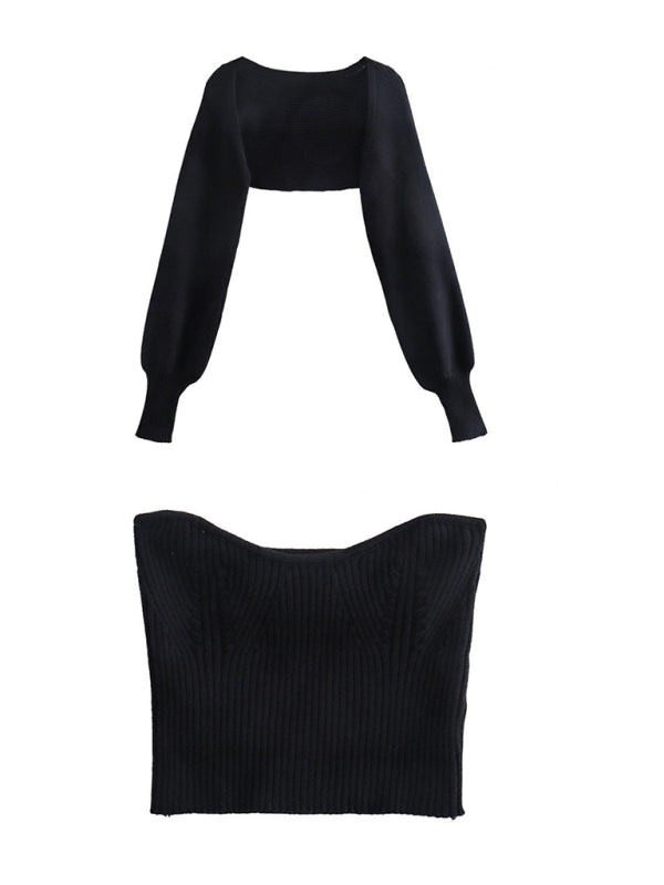 Cardigan + Top- Women's Ribbed Knitted Bolero Cardigan Sweater - Two-Piece Set- Black- Pekosa Women Clothing