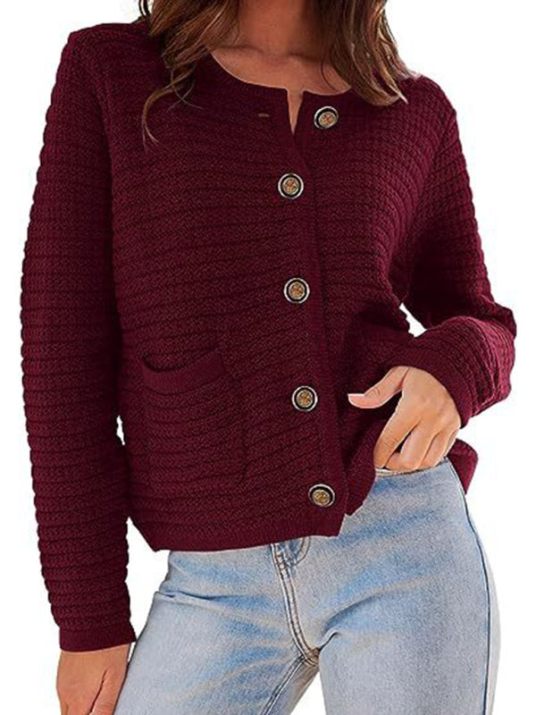 Cardigan sweaters- Everyday Warmth Button-Up Cardigan Sweater for Casual Wear- Brick red- Pekosa Women Clothing