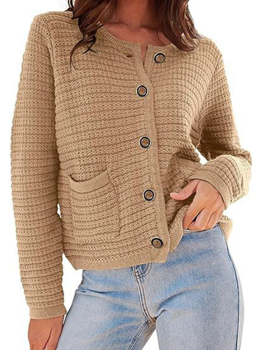 Cardigan sweaters- Everyday Warmth Button-Up Cardigan Sweater for Casual Wear- Khaki- Pekosa Women Clothing