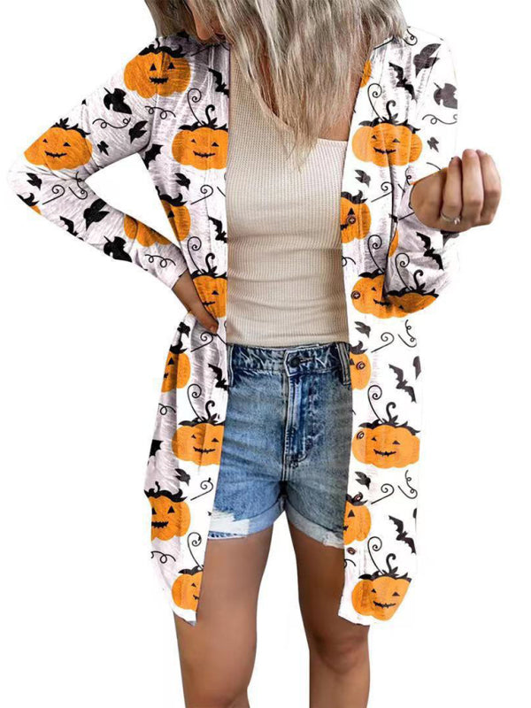 Cardigans- Cat Pumpkin Print Cardigan - Halloween Women Long Top- White- Pekosa Women Clothing