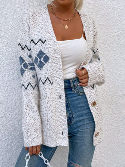 Cardigans- Cozy Knit Button-Up Xmas Snowflakes Cardigan Sweater- Cream- Pekosa Women Clothing