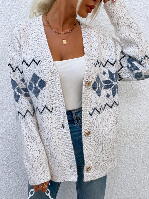 Cardigans- Cozy Knit Button-Up Xmas Snowflakes Cardigan Sweater- - Pekosa Women Clothing