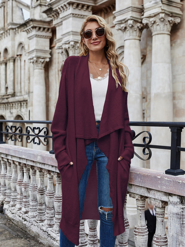 Cardigans- Drape Knitted Waterfall Collar Pocketed Cardigan Coat- Wine Red- Pekosa Women Clothing