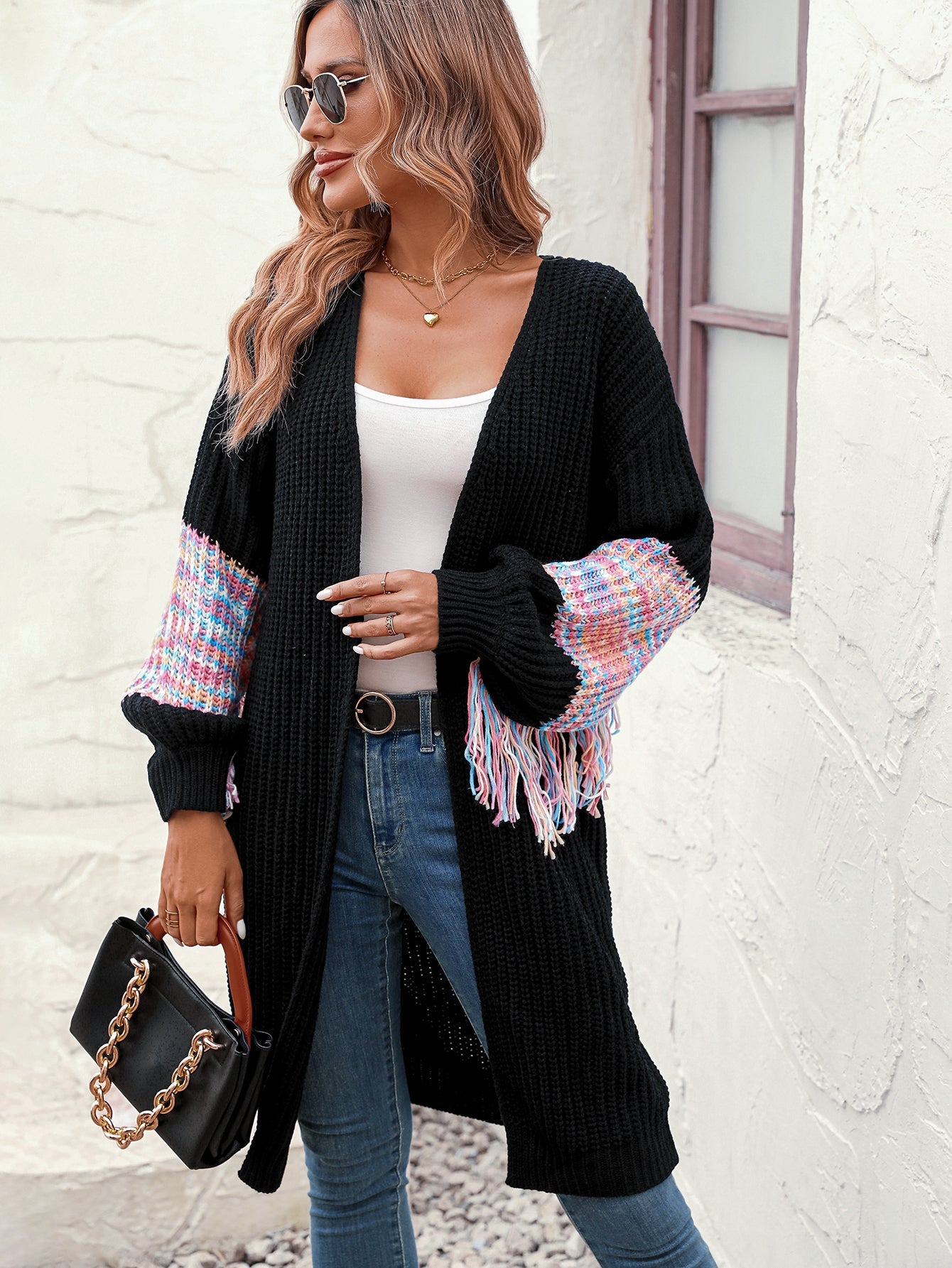 Cardigans- Duster Knit Cardigan - Winter Fringe Coat- - Pekosa Women Clothing