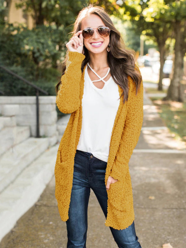 Cardigans- Fall Essential Mid-Length Knit Duster Cardigan with Pockets- Yellow- Pekosa Women Clothing