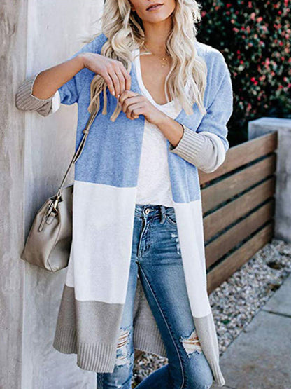 Cardigans- Fall Fashion Stripe Knit Duster Cardigan for Casual Wear- Sky blue azure- Pekosa Women Clothing