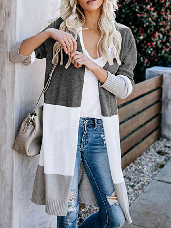 Cardigans- Fall Fashion Stripe Knit Duster Cardigan for Casual Wear- Grey- Pekosa Women Clothing