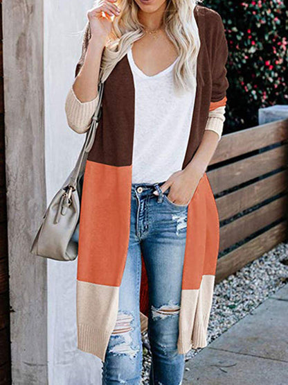 Cardigans- Fall Fashion Stripe Knit Duster Cardigan for Casual Wear- Coffee- Pekosa Women Clothing