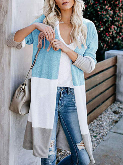 Cardigans- Fall Fashion Stripe Knit Duster Cardigan for Casual Wear- Blue- Pekosa Women Clothing