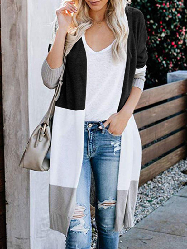 Cardigans- Fall Fashion Stripe Knit Duster Cardigan for Casual Wear- Black- Pekosa Women Clothing