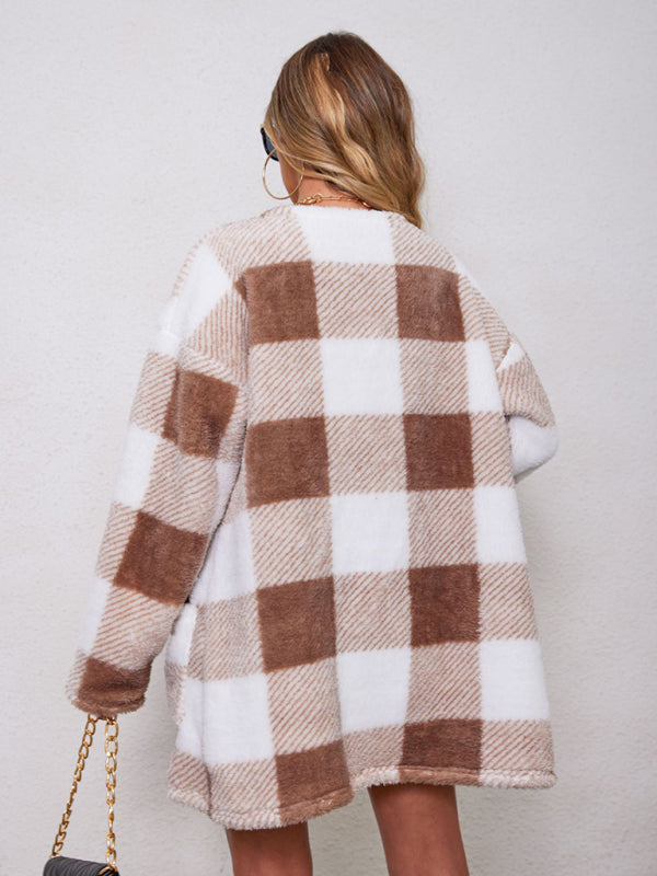 Cardigans- Faux Fur Jacket | Plush Plaid Cardigan in Tan- - Pekosa Women Clothing