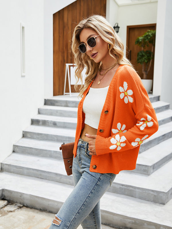 Cardigans- Floral Knit Buttoned Drop Shoulder V-Neck Crop Sweater Cardigan- - Pekosa Women Clothing