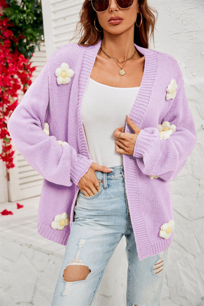 Cardigans- Flowers Knitted Buttonless Sweater Cardigan- Purple- Pekosa Women Clothing