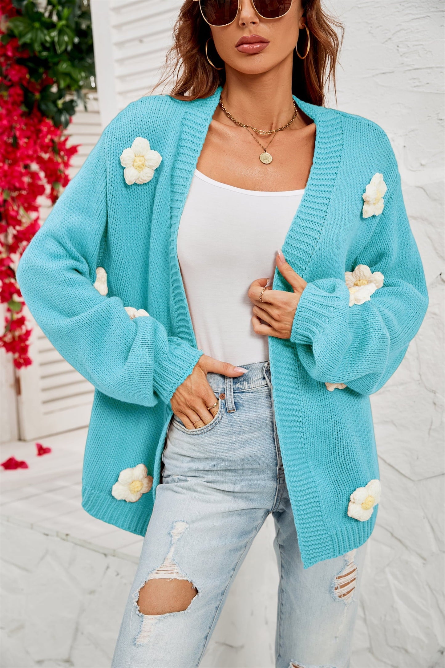 Cardigans- Flowers Knitted Buttonless Sweater Cardigan- - Pekosa Women Clothing