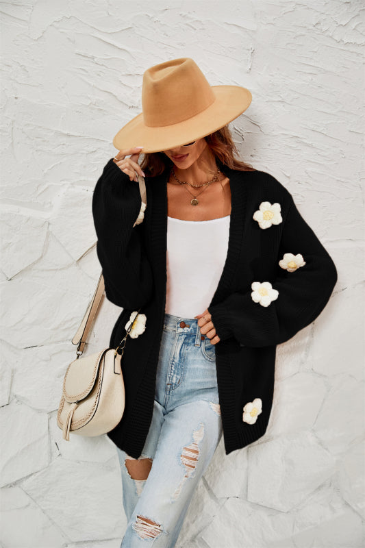 Cardigans- Flowers Knitted Buttonless Sweater Cardigan- Black- Pekosa Women Clothing