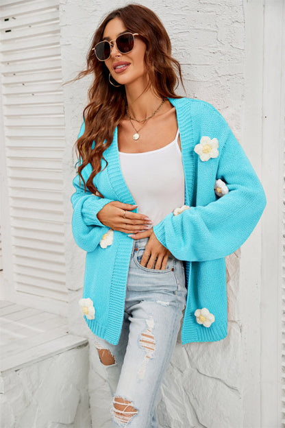 Cardigans- Flowers Knitted Buttonless Sweater Cardigan- Sky blue azure- Pekosa Women Clothing