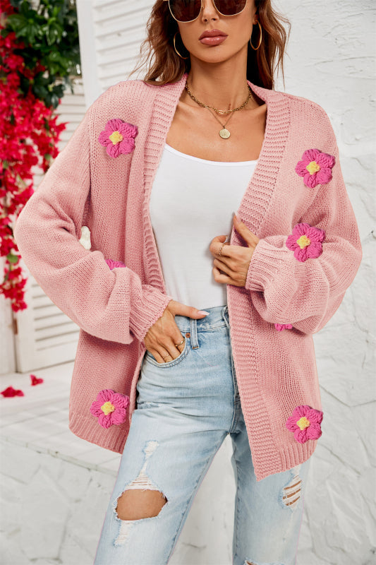 Cardigans- Flowers Knitted Buttonless Sweater Cardigan- Pink- Pekosa Women Clothing