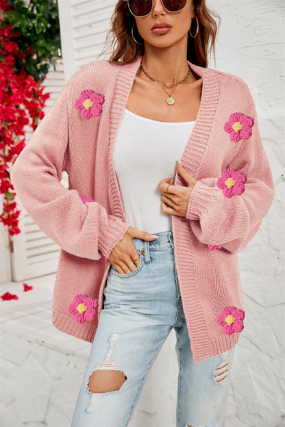 Cardigans- Flowers Knitted Buttonless Sweater Cardigan- Pink- Pekosa Women Clothing