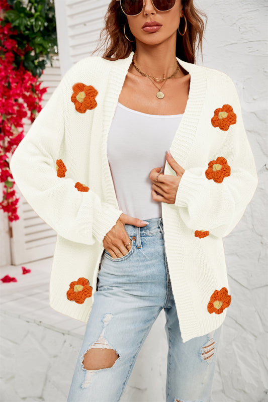 Cardigans- Flowers Knitted Buttonless Sweater Cardigan- White- Pekosa Women Clothing