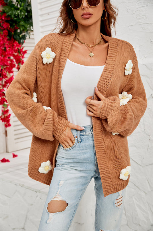 Cardigans- Flowers Knitted Buttonless Sweater Cardigan- Camel- Pekosa Women Clothing