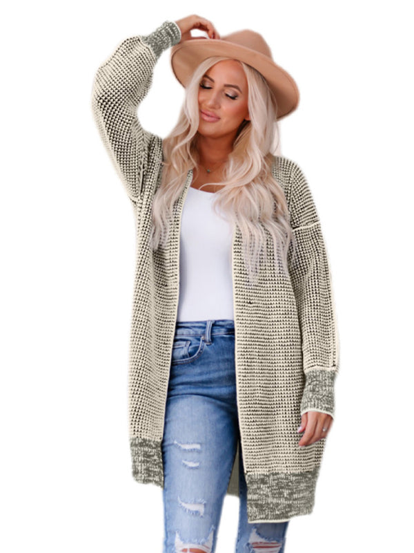 Cardigans- Heathered Knit Mid-Length Open Front Sweater | Duster Cardigan- Cracker khaki- Pekosa Women Clothing
