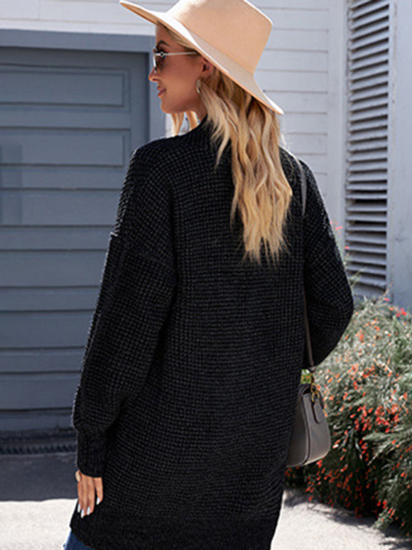 Cardigans- Heathered Knit Mid-Length Open Front Sweater | Duster Cardigan- - Pekosa Women Clothing