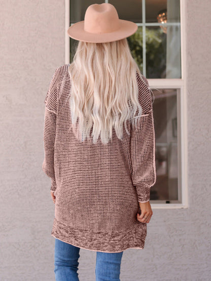 Cardigans- Heathered Knit Mid-Length Open Front Sweater | Duster Cardigan- - Pekosa Women Clothing