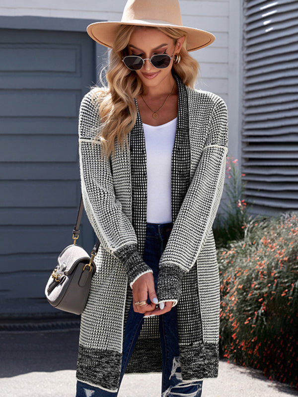 Cardigans- Heathered Knit Mid-Length Open Front Sweater | Duster Cardigan- - Pekosa Women Clothing