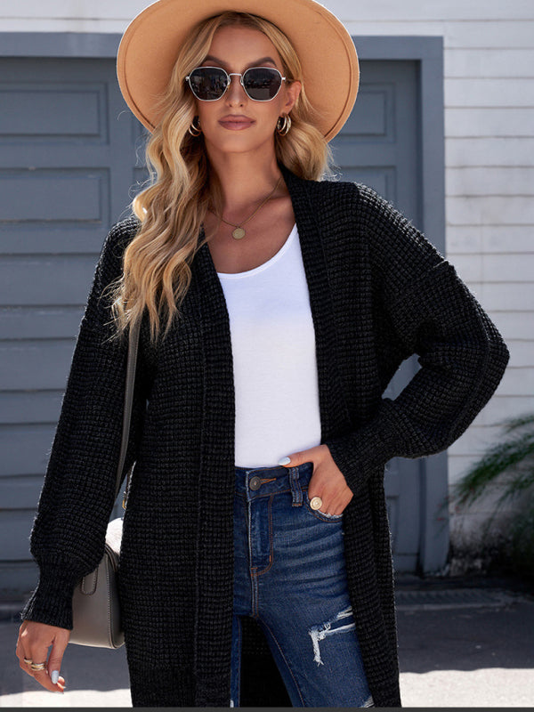 Cardigans- Heathered Knit Mid-Length Open Front Sweater | Duster Cardigan- Black- Pekosa Women Clothing