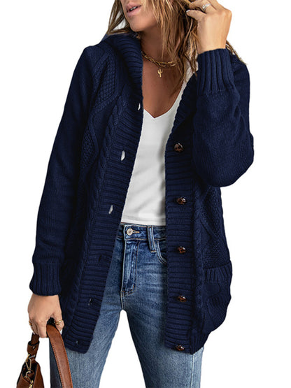 Cardigans- Hooded Mid-Length Jacket with Cable Knit | Faux Fur Cardigan- Blue- Pekosa Women Clothing