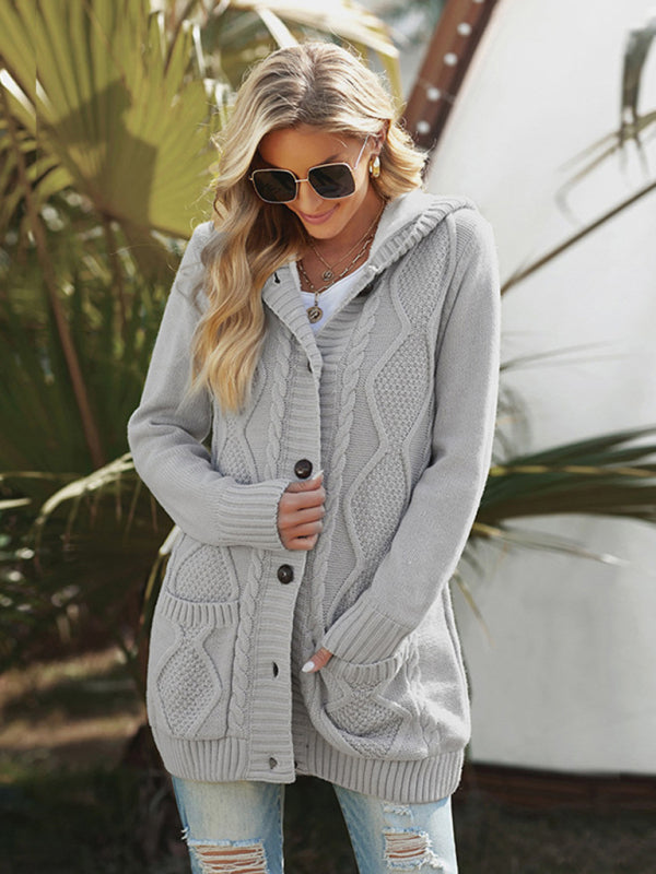 Cardigans- Hooded Mid-Length Jacket with Cable Knit | Faux Fur Cardigan- - Pekosa Women Clothing