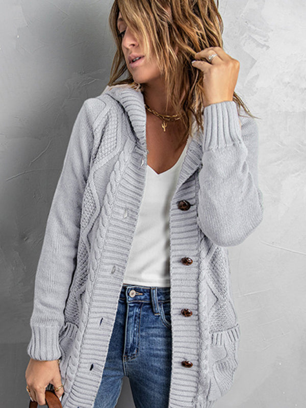 Cardigans- Hooded Mid-Length Jacket with Cable Knit | Faux Fur Cardigan- Misty grey- Pekosa Women Clothing