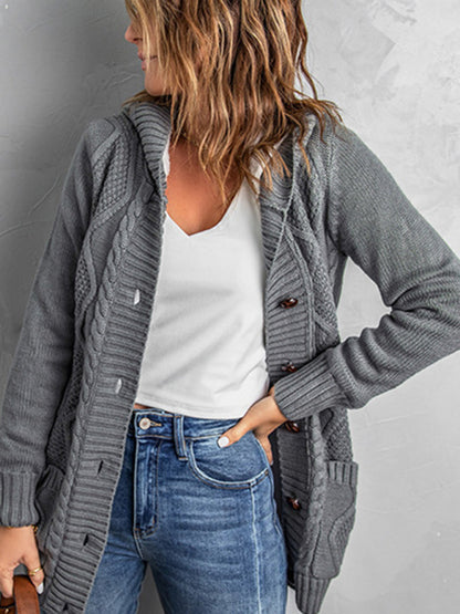 Cardigans- Hooded Mid-Length Jacket with Cable Knit | Faux Fur Cardigan- Charcoal grey- Pekosa Women Clothing