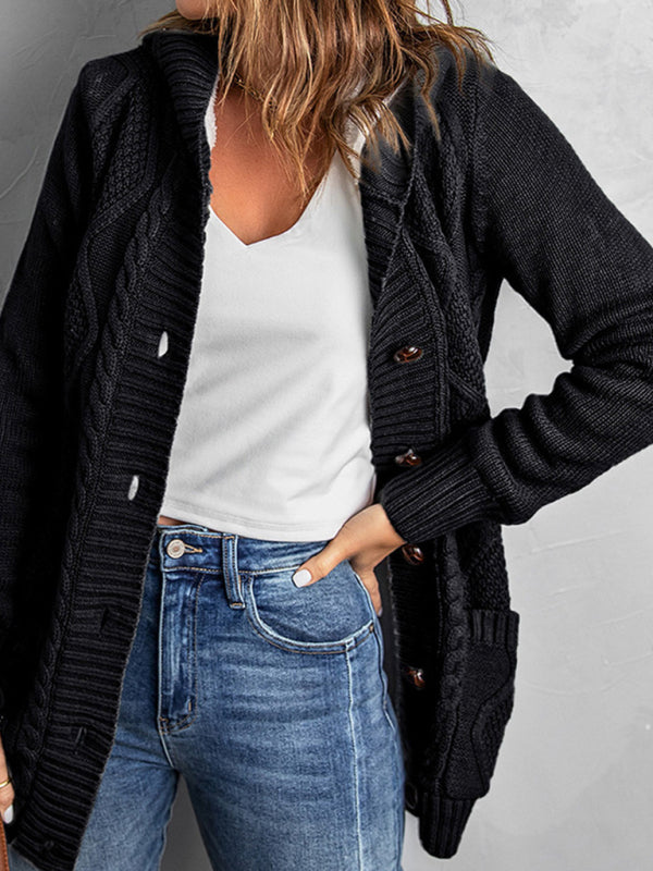 Cardigans- Hooded Mid-Length Jacket with Cable Knit | Faux Fur Cardigan- Black- Pekosa Women Clothing