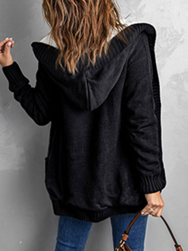 Cardigans- Hooded Mid-Length Jacket with Cable Knit | Faux Fur Cardigan- - Pekosa Women Clothing