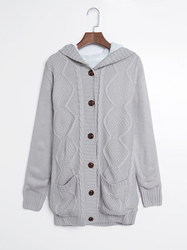 Cardigans- Hooded Mid-Length Jacket with Cable Knit | Faux Fur Cardigan- - Pekosa Women Clothing