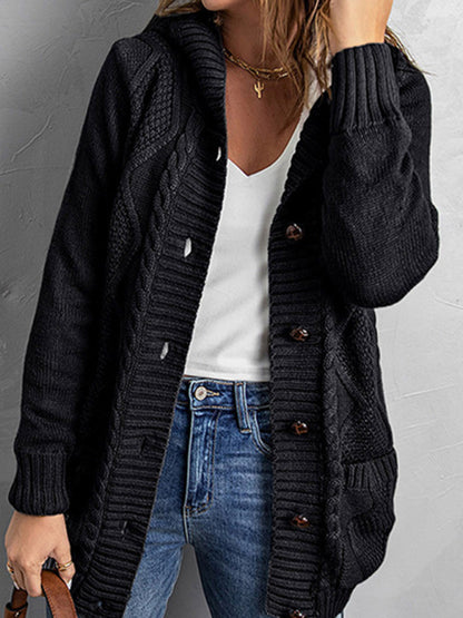 Cardigans- Hooded Mid-Length Jacket with Cable Knit | Faux Fur Cardigan- - Pekosa Women Clothing