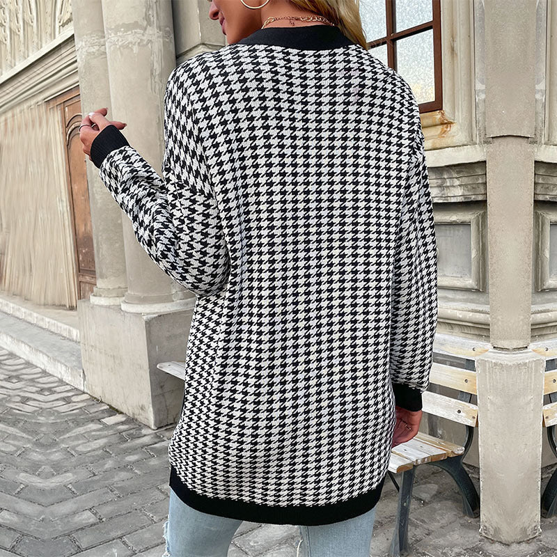 Cardigans- Houndstooth Button Down Cardigan: Loose Fit, Drop Shoulders, Pockets- - Pekosa Women Clothing