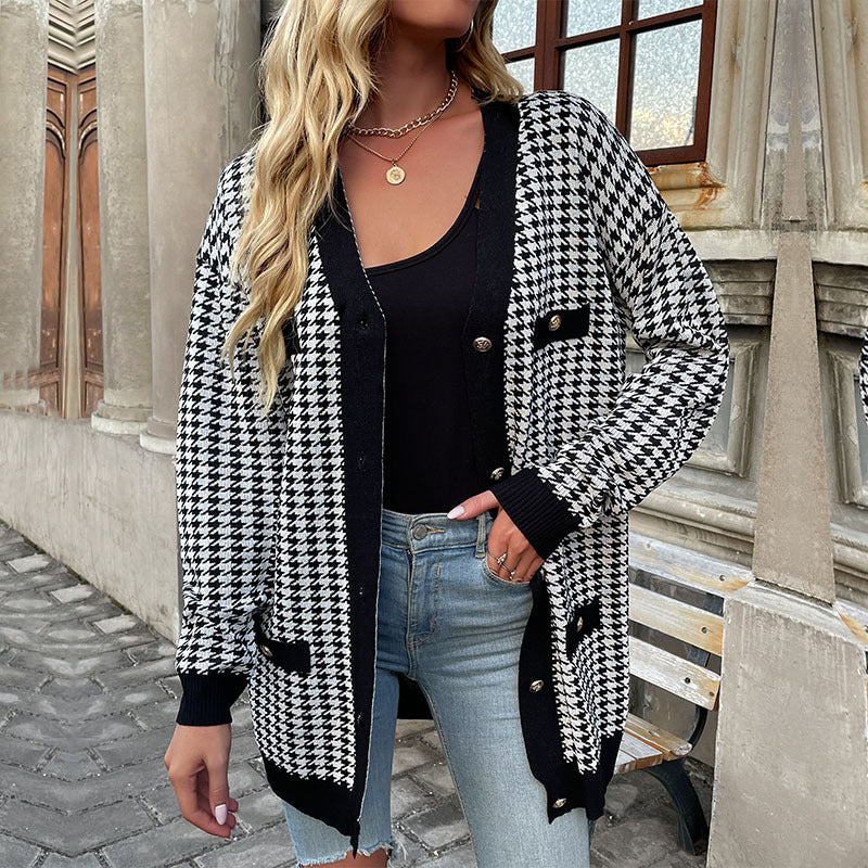 Cardigans- Houndstooth Button Down Cardigan: Loose Fit, Drop Shoulders, Pockets- Black- Pekosa Women Clothing