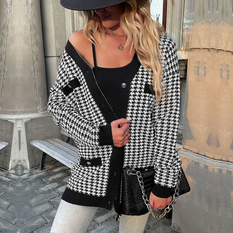 Cardigans- Houndstooth Button Down Cardigan: Loose Fit, Drop Shoulders, Pockets- - Pekosa Women Clothing